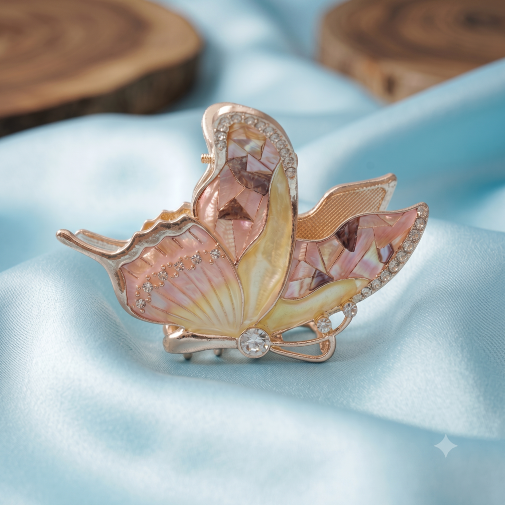 Gold Pink Butterfly Rhinestone Metal Hair Claw Clip