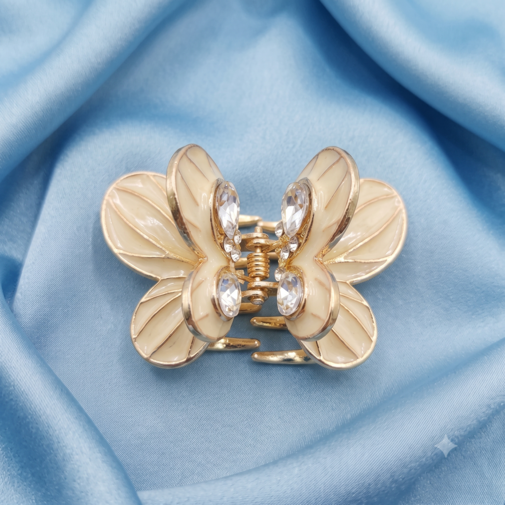 Gold Cream Butterfly Marquise Crystal Metal Hair Claw Clip