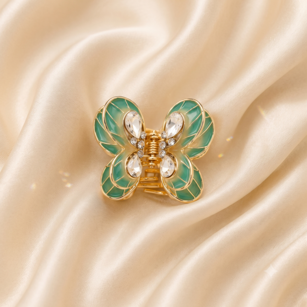 Gold Green Butterfly Marquise Crystal Metal Hair Claw Clip