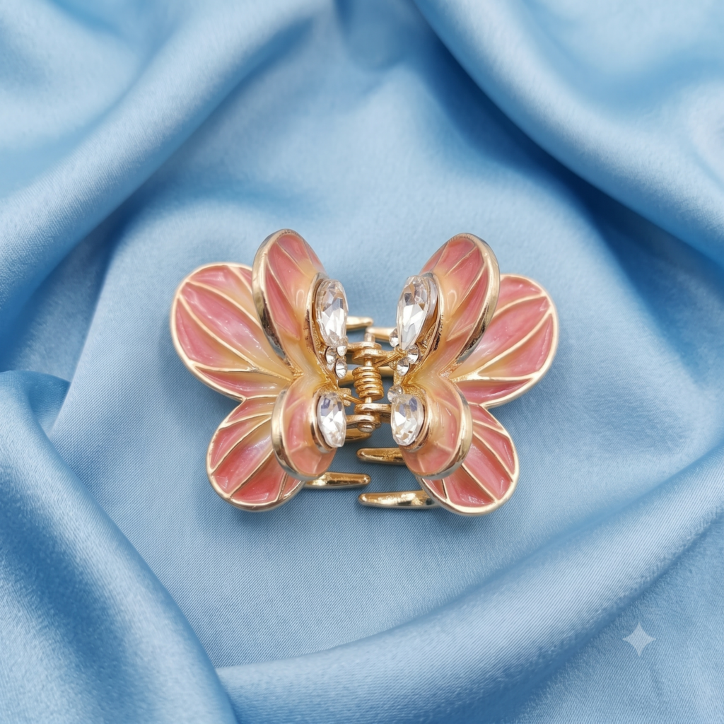 Gold Pink Butterfly Marquise Crystal Metal Hair Claw Clip