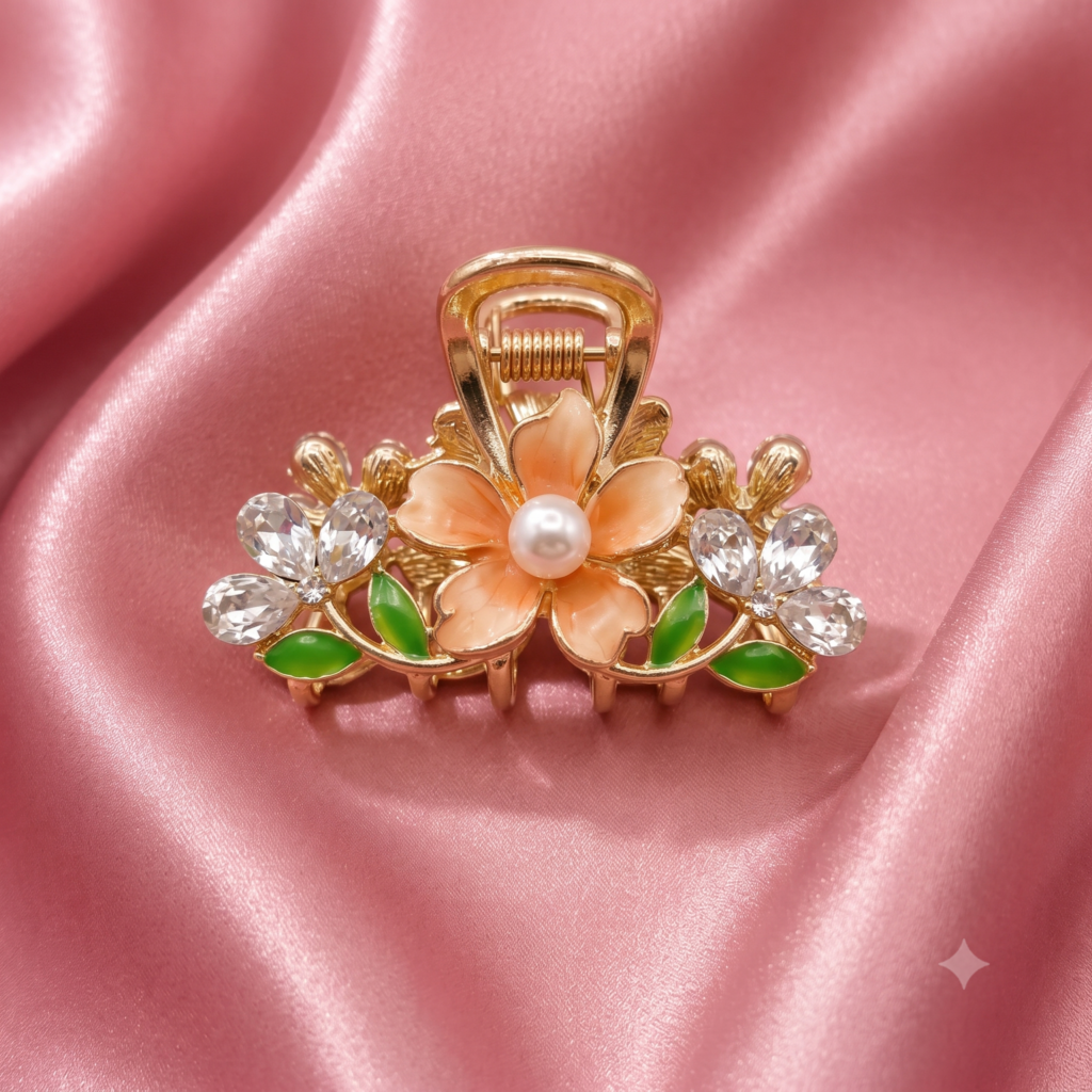 Gold Blush Pink Flower Pearl Rhinestone Metal Hair Claw Clip
