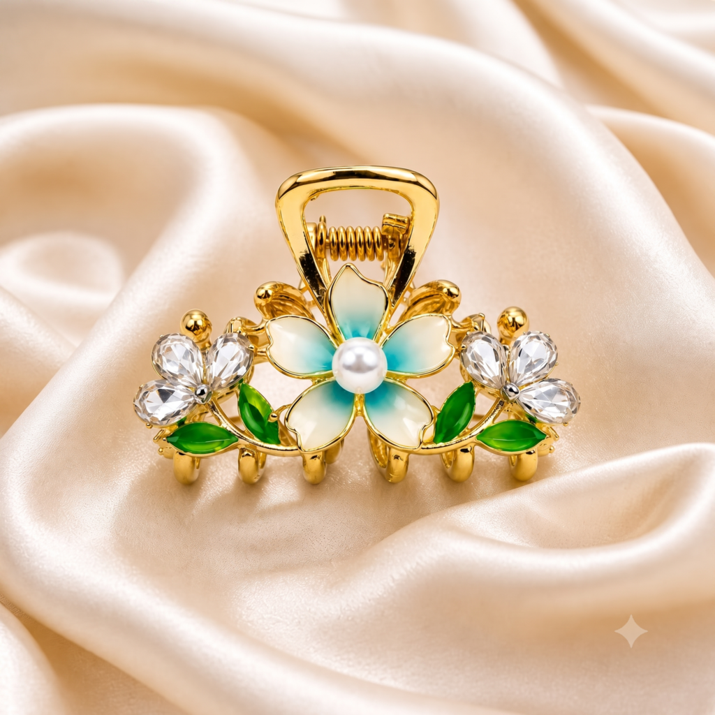 Gold Blue Flower Pearl Rhinestone Metal Hair Claw Clip