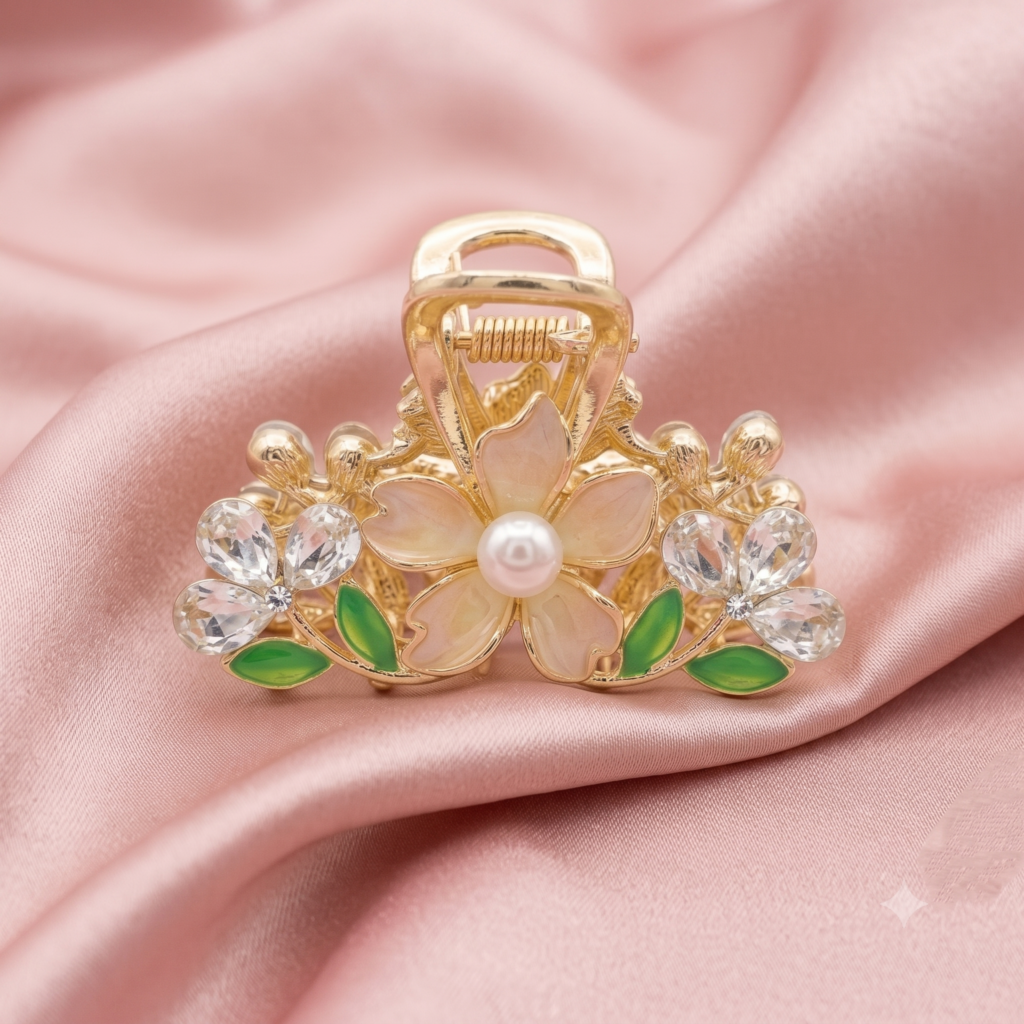 Gold Cream Flower Pearl Rhinestone Metal Hair Claw Clip
