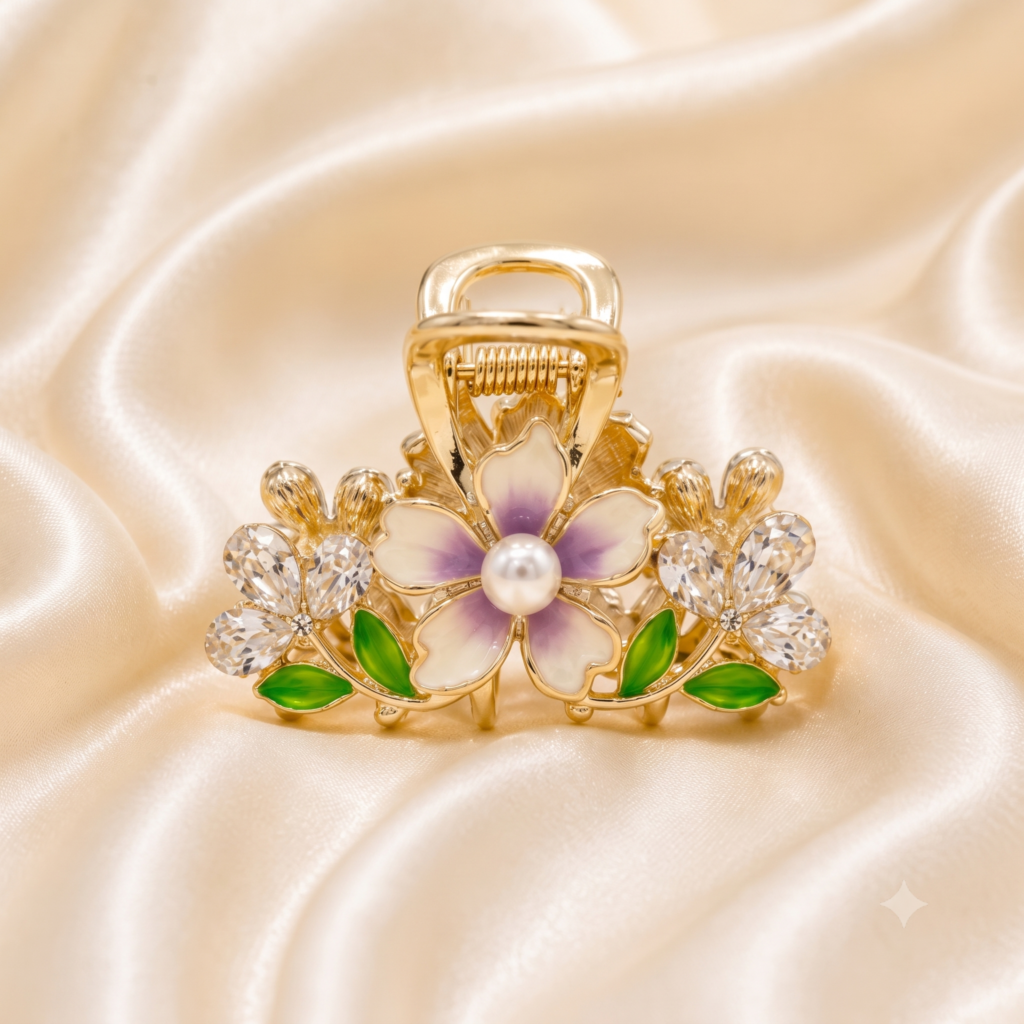 Gold Lavender Flower Pearl Rhinestone Metal Hair Claw Clip