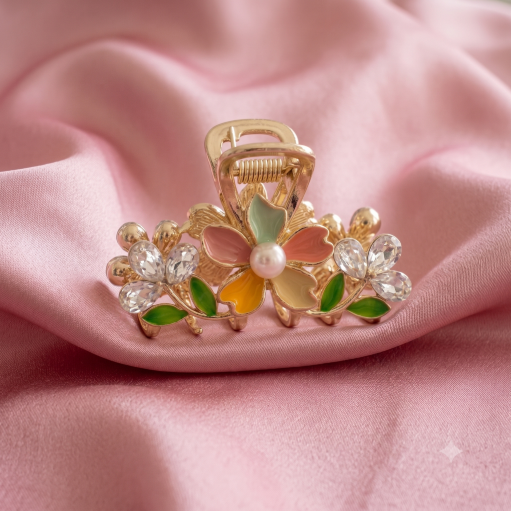 Gold Multicolor Flower Pearl Rhinestone Metal Hair Claw Clip