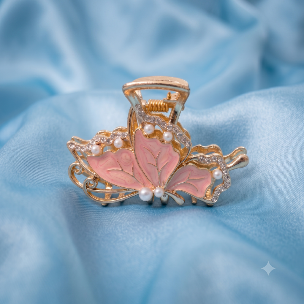 Gold Pink Butterfly Pearl Rhinestone Metal Hair Claw Clip
