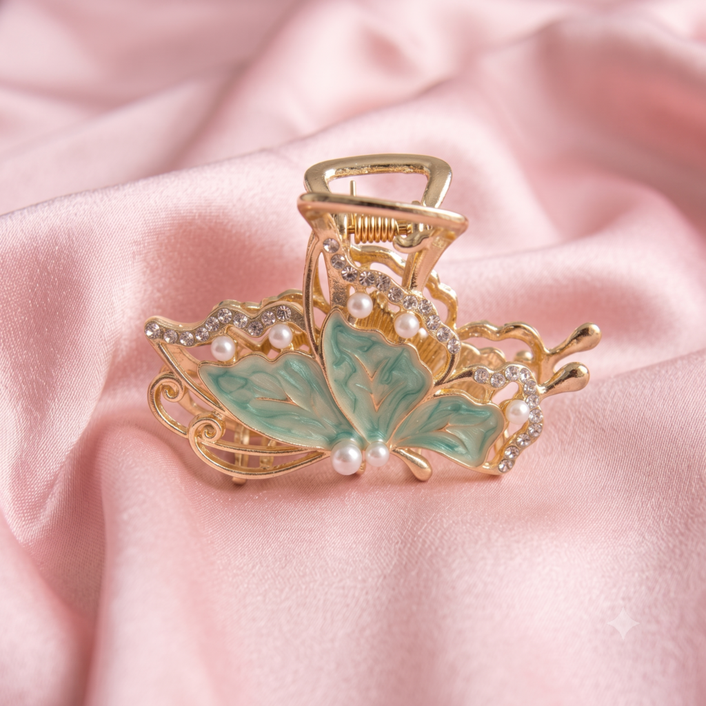 Gold Sky Blue Butterfly Pearl Rhinestone Metal Hair Claw Clip