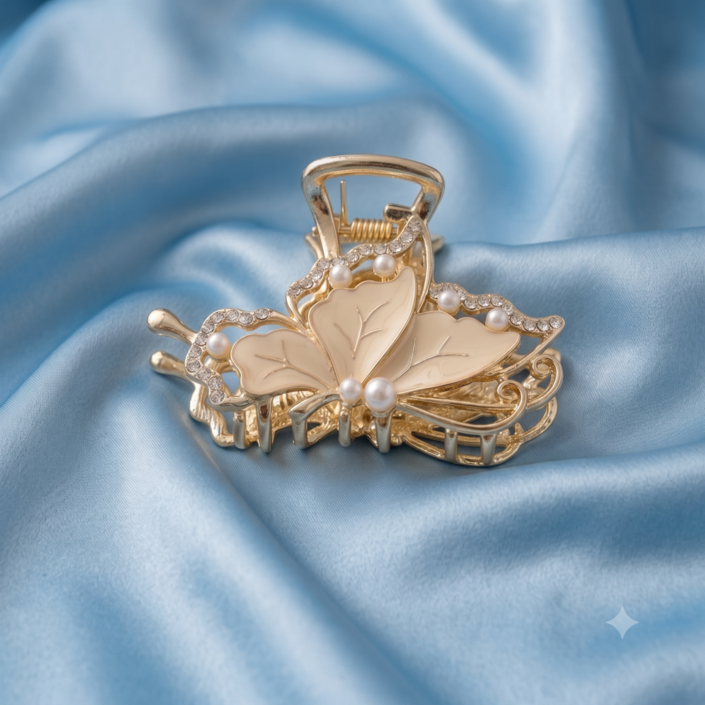 Gold White Butterfly Pearl Rhinestone Metal Hair Claw Clip