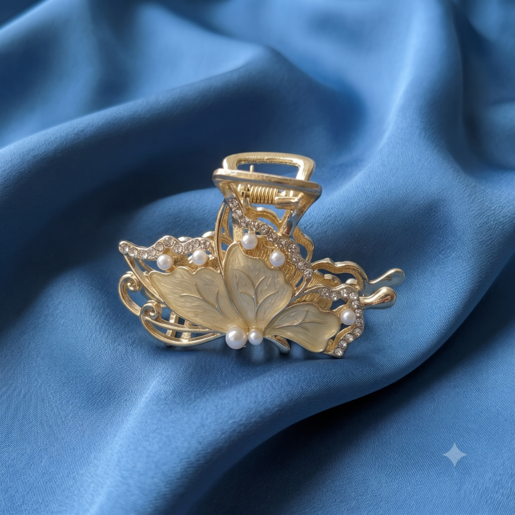 Gold Yellow Butterfly Pearl Rhinestone Metal Hair Claw Clip