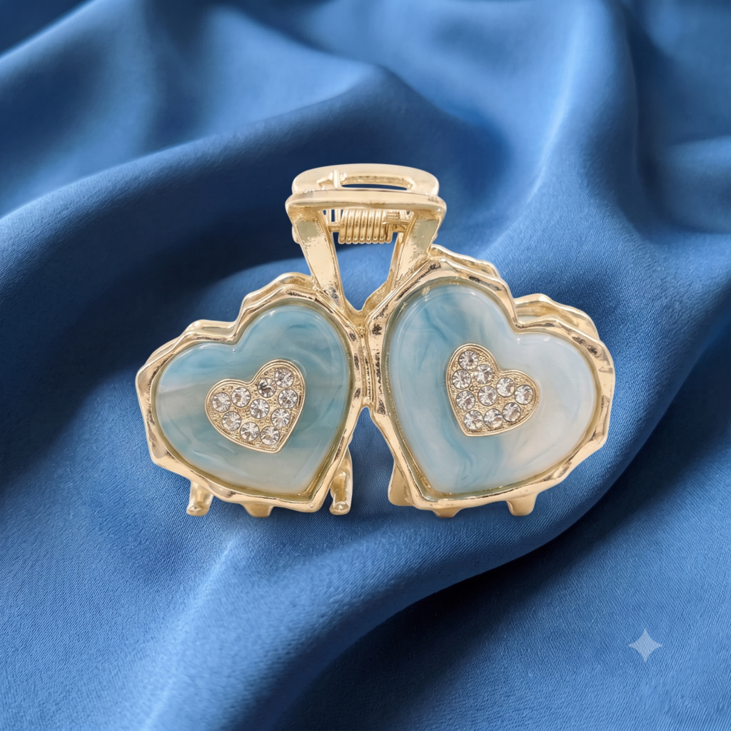 Gold Blue Heart Rhinestone Metal Hair Claw Clip