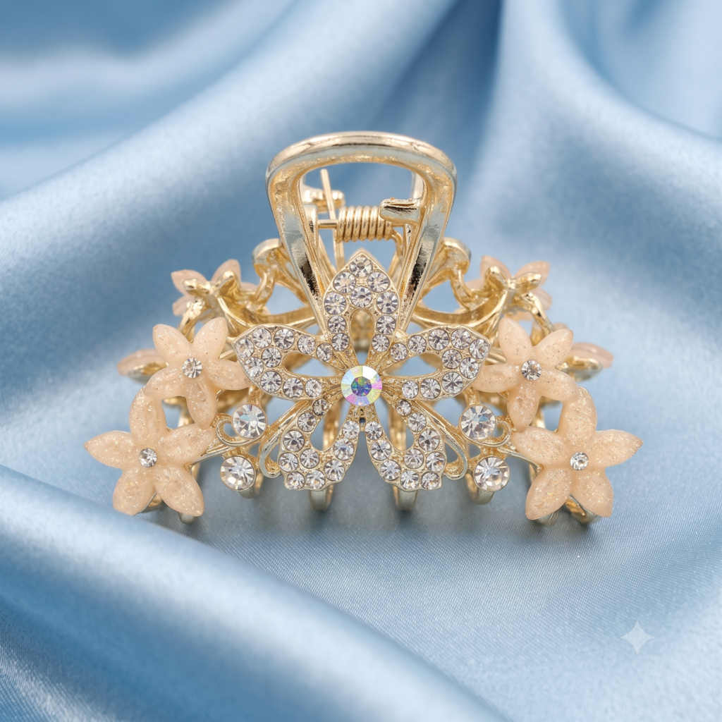 Gold Blush Pink Flower Rhinestone Metal Hair Claw Clip