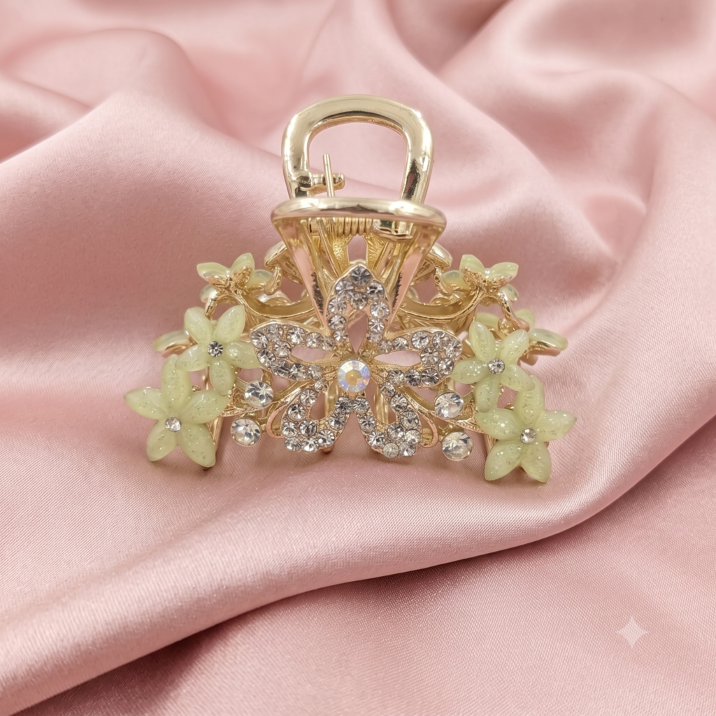 Gold Green Flower Rhinestone Metal Hair Claw Clip