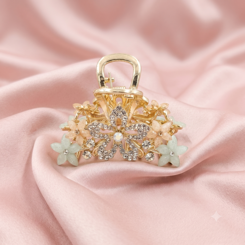 Gold Multicolor Flower Rhinestone Metal Hair Claw Clip