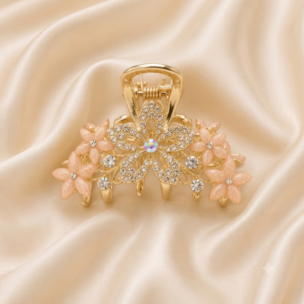 Gold Pink Flower Rhinestone Metal Hair Claw Clip