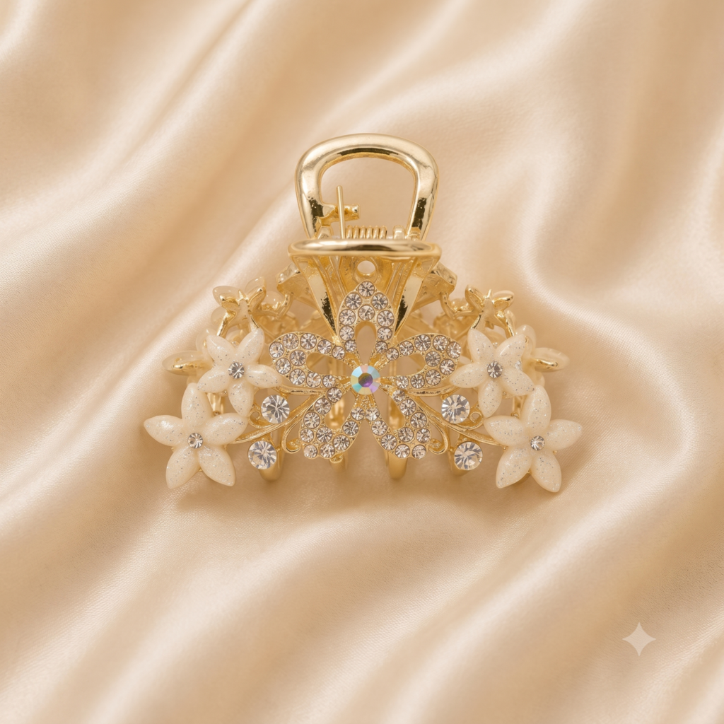 Gold White Flower Rhinestone Metal Hair Claw Clip
