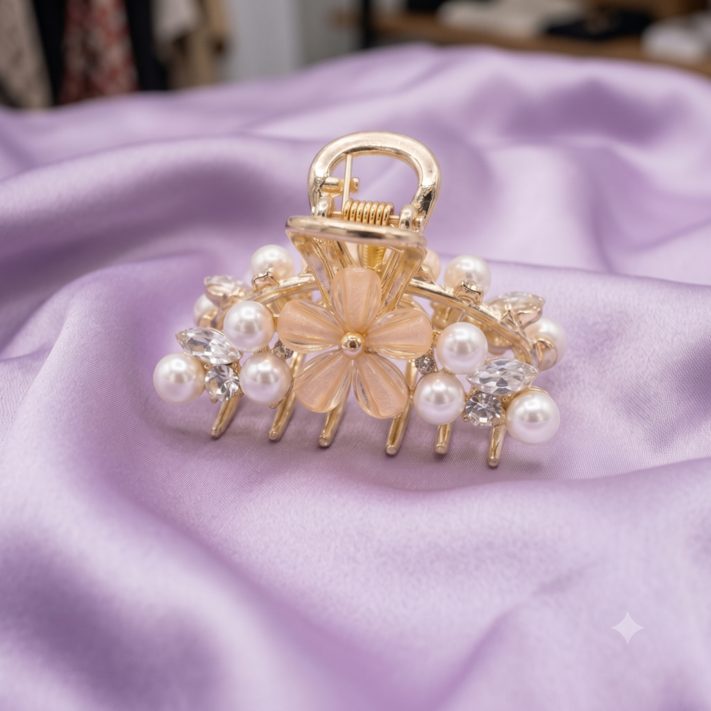 Gold Blush Pink Daisy Pearl & Marquise Crystal Metal Hair Claw Clip