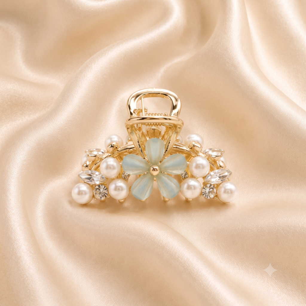 Gold Blue Daisy Pearl & Marquise Crystal Metal Hair Claw Clip