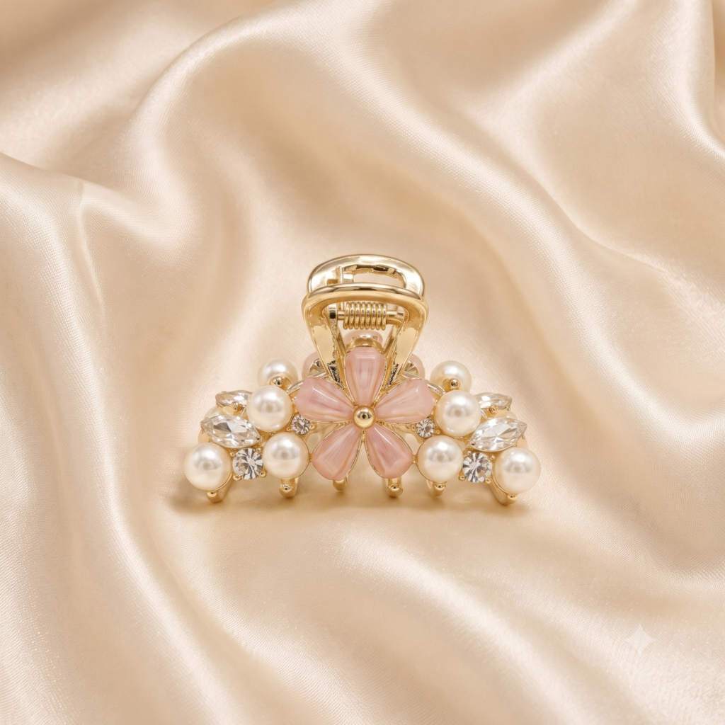 Gold Pink Daisy Pearl & Marquise Crystal Metal Hair Claw Clip