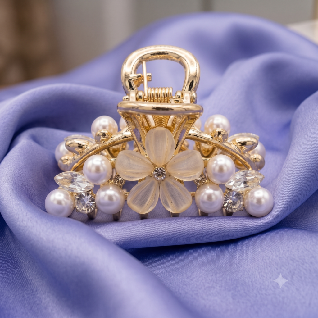 Gold White Daisy Pearl & Marquise Crystal Metal Hair Claw Clip