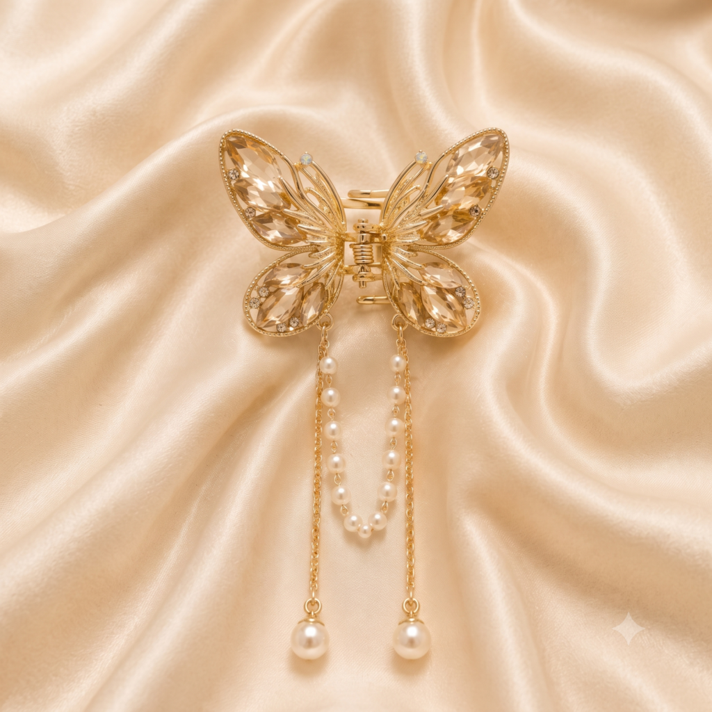 Gold Champagne Angel Butterfly Marquise Crystal Dangle Pearl Chains Metal Hair Claw Clip