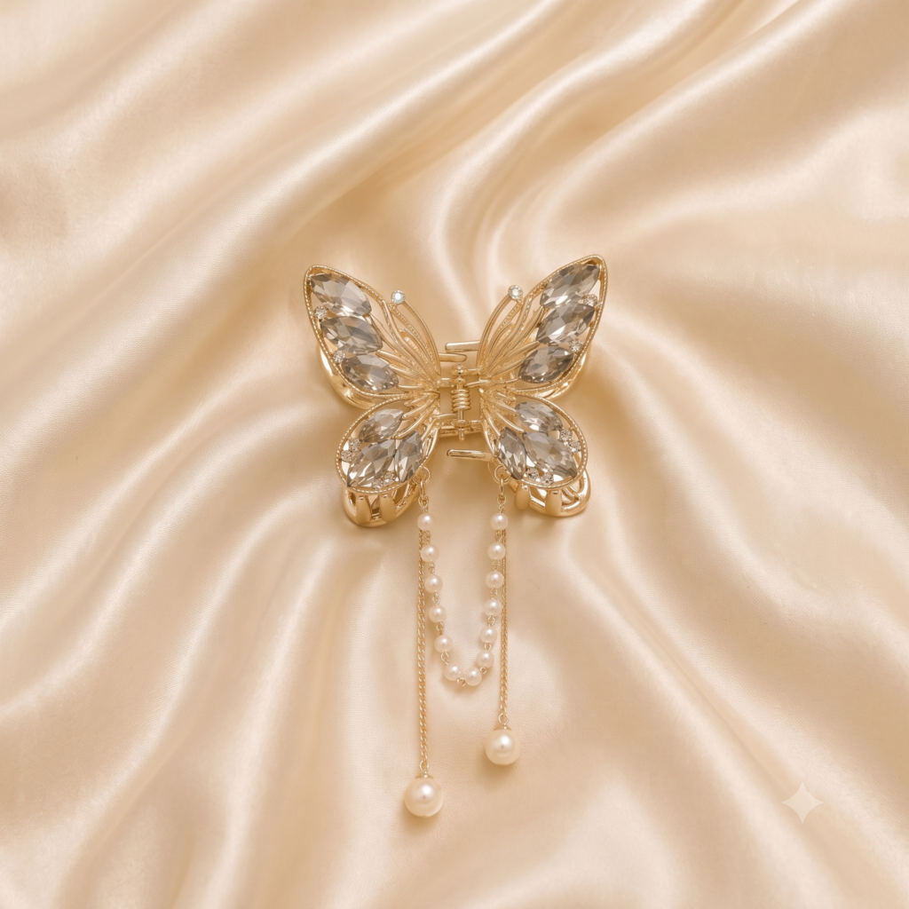 Gold Grey Angel Butterfly Marquise Crystal Dangle Pearl Chains Metal Hair Claw Clip