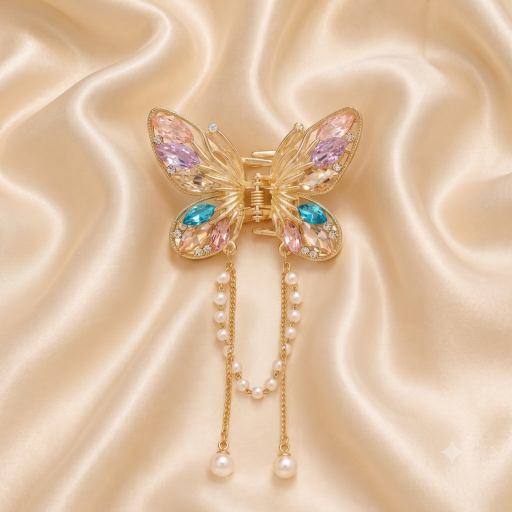 Gold Multicolor Angel Butterfly Marquise Crystal Dangle Pearl Chains Metal Hair Claw Clip