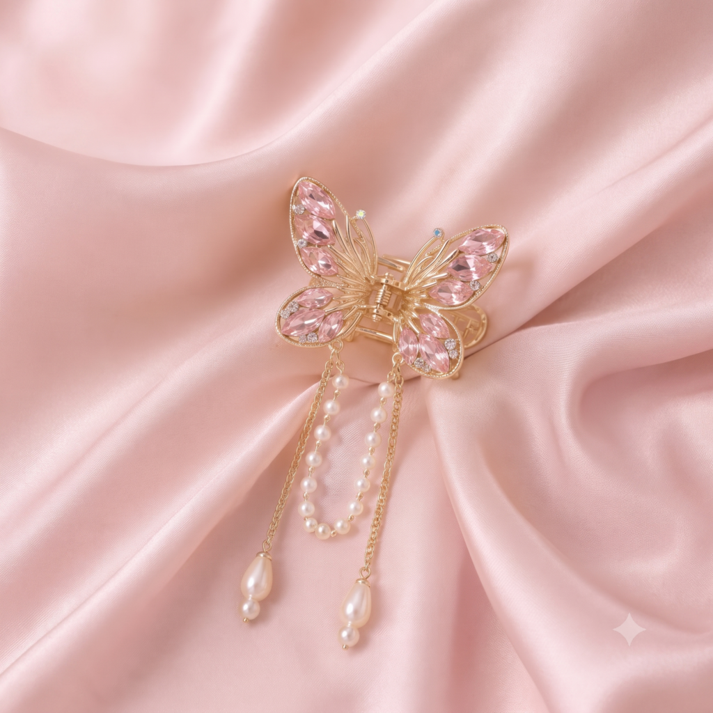 Gold Pink Angel Butterfly Marquise Crystal Dangle Pearl Chains Metal Hair Claw Clip
