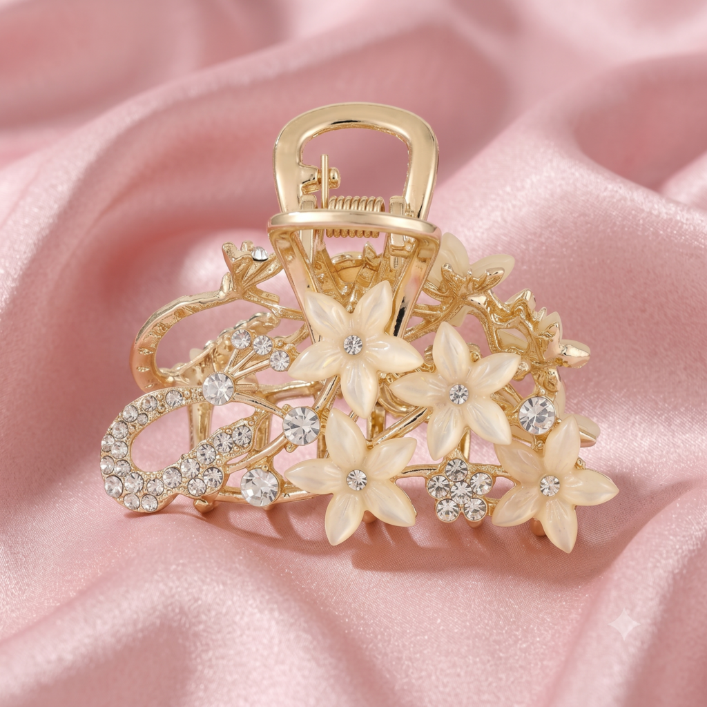 Gold Blush Pink Jasmine Bouquet Resin Flower & Rhinestone Metal Hair Claw Clip