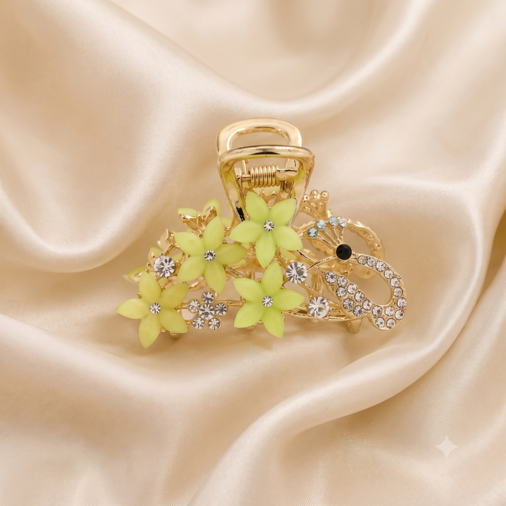 Gold Green Jasmine Bouquet Resin Flower & Rhinestone Metal Hair Claw Clip