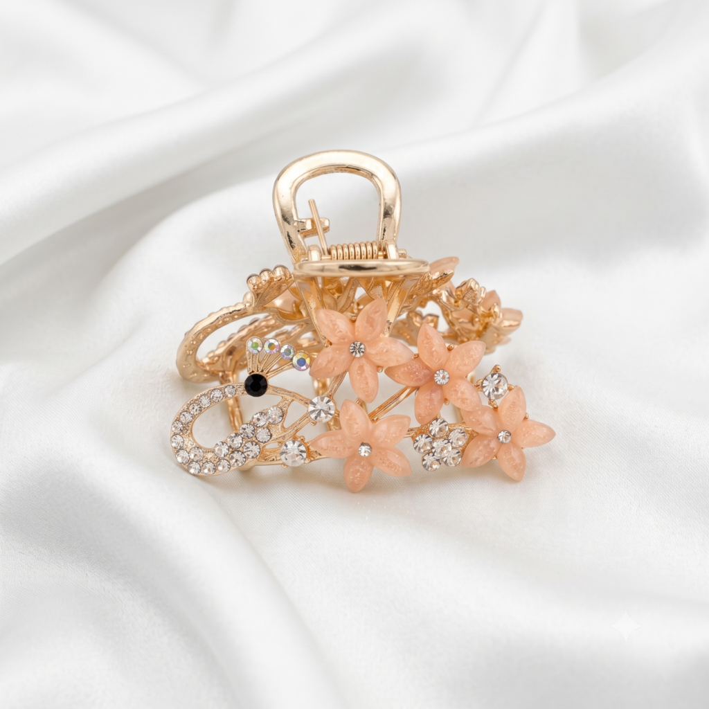 Gold Pink Peacock Resin Sakura Flower & Rhinestone Metal Hair Claw Clip