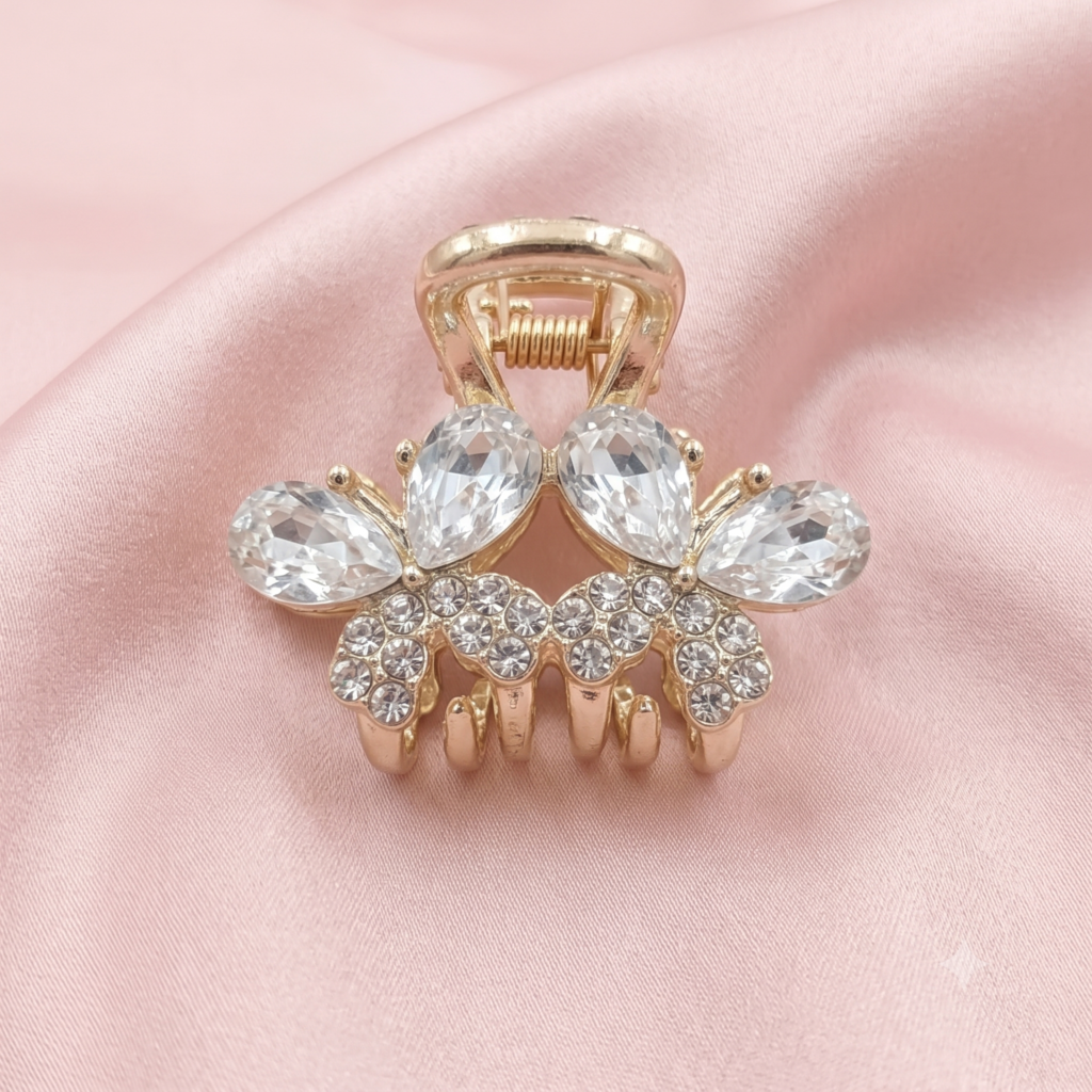 Gold White Angelic Teardrop Crystal & Rhinestone Metal Hair Claw Clip