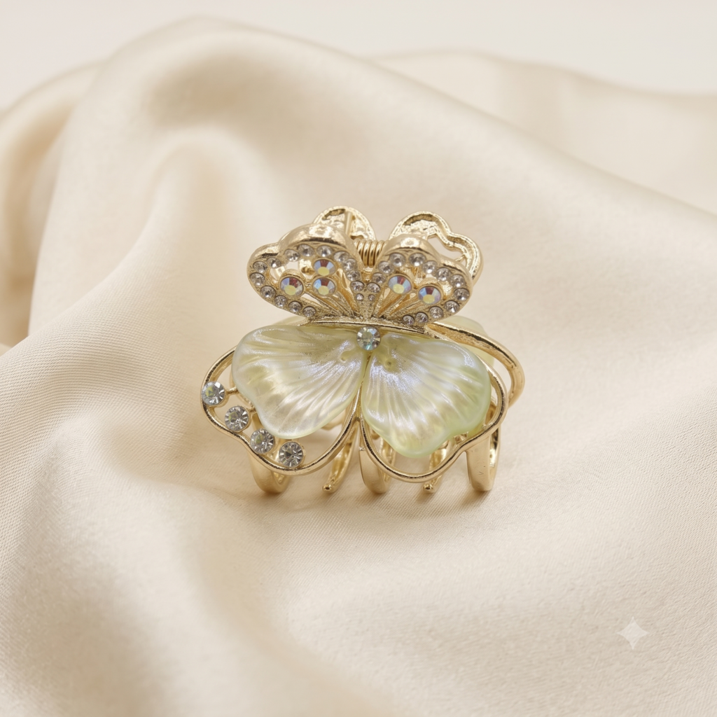 Gold Green Iridescent Butterfly Acrylic Wings & Rhinestone Metal Hair Claw Clip