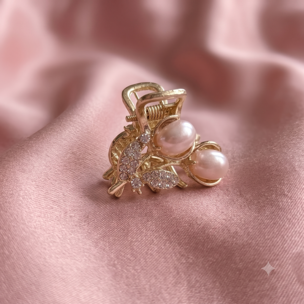 Gold Blush Pink Tulip Twin Pearl & Glitz Leaf Metal Hair Claw Clip