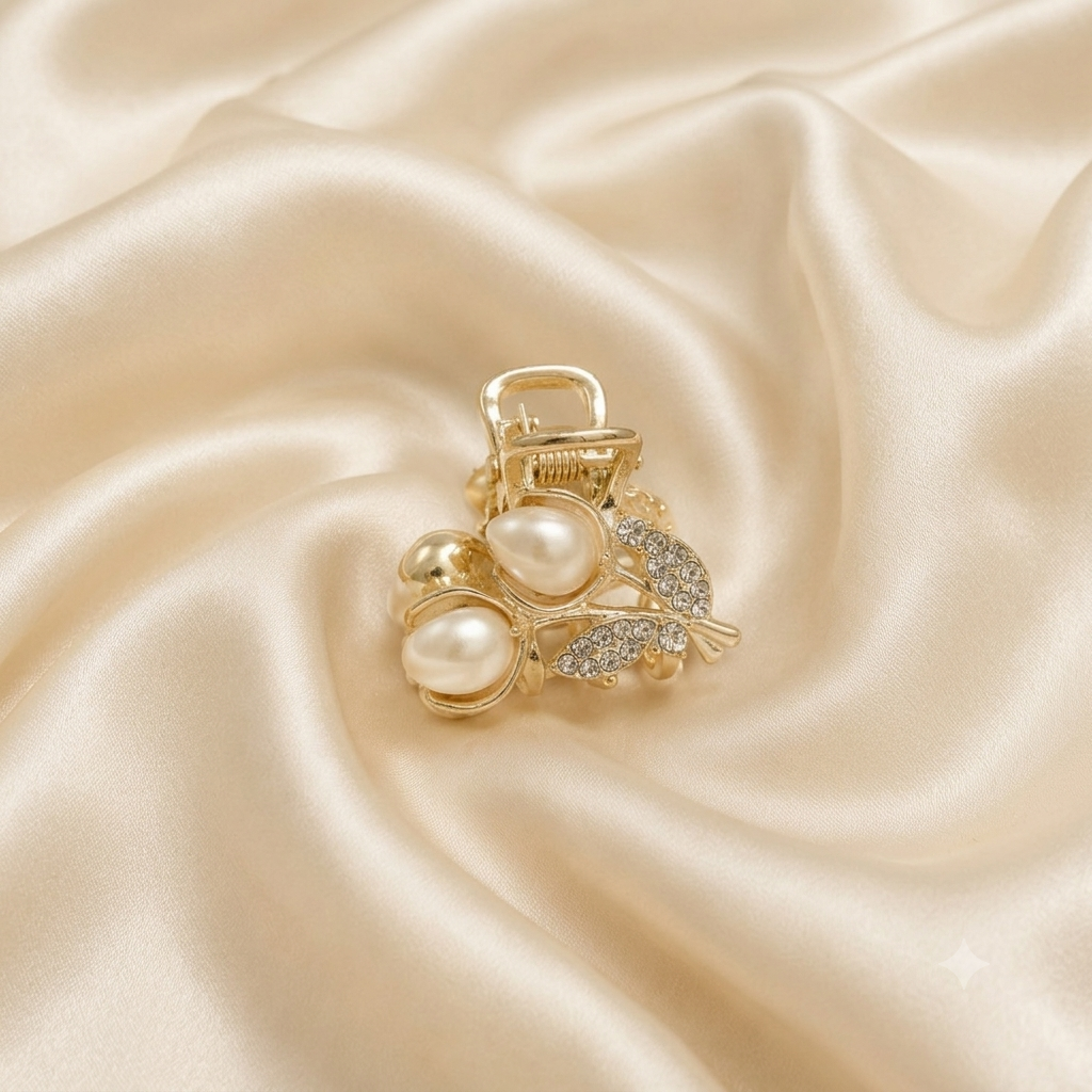 Gold Cream Tulip Twin Pearl & Glitz Leaf Metal Hair Claw Clip