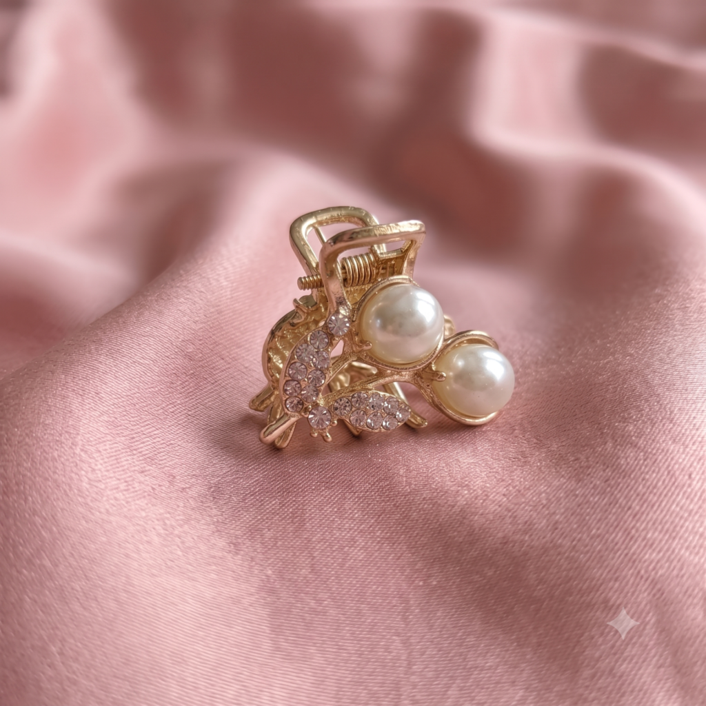 Gold White Tulip Twin Pearl & Glitz Leaf Metal Hair Claw Clip