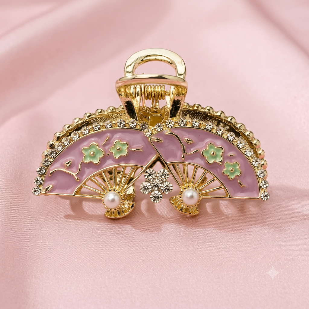 Gold Lavender Oriental Twin Fan Enamel Blossom Pearl & Rhinestone Metal Hair Claw Clip