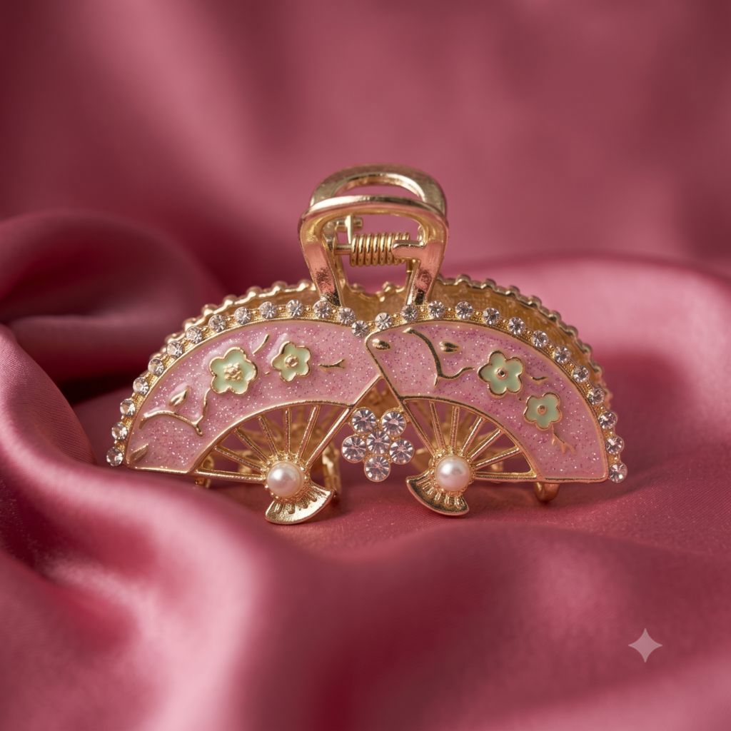 Gold Pink Oriental Twin Fan Enamel Blossom Pearl & Rhinestone Metal Hair Claw Clip