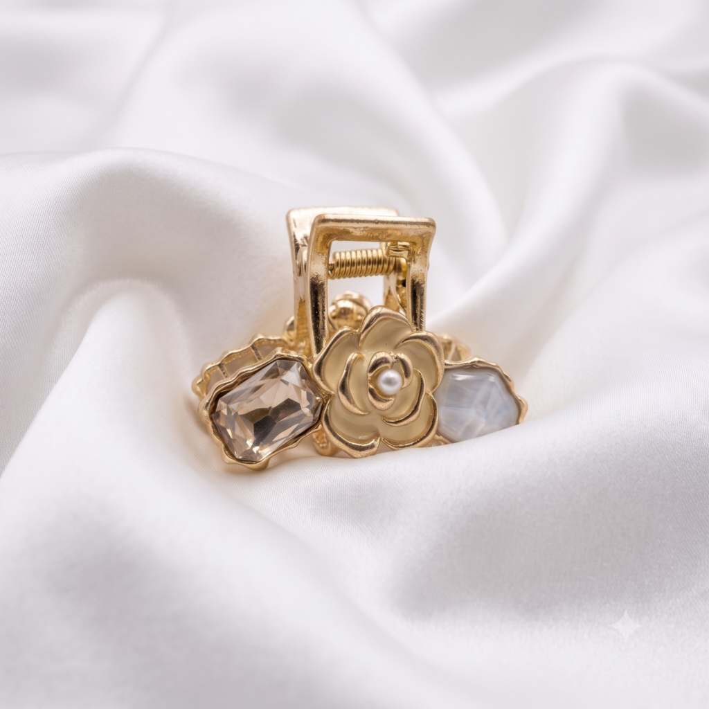 Gold Grey Camellia Flower Smoked Emerald Cut Crystal & Agate Stone Metal Hair Claw Clip