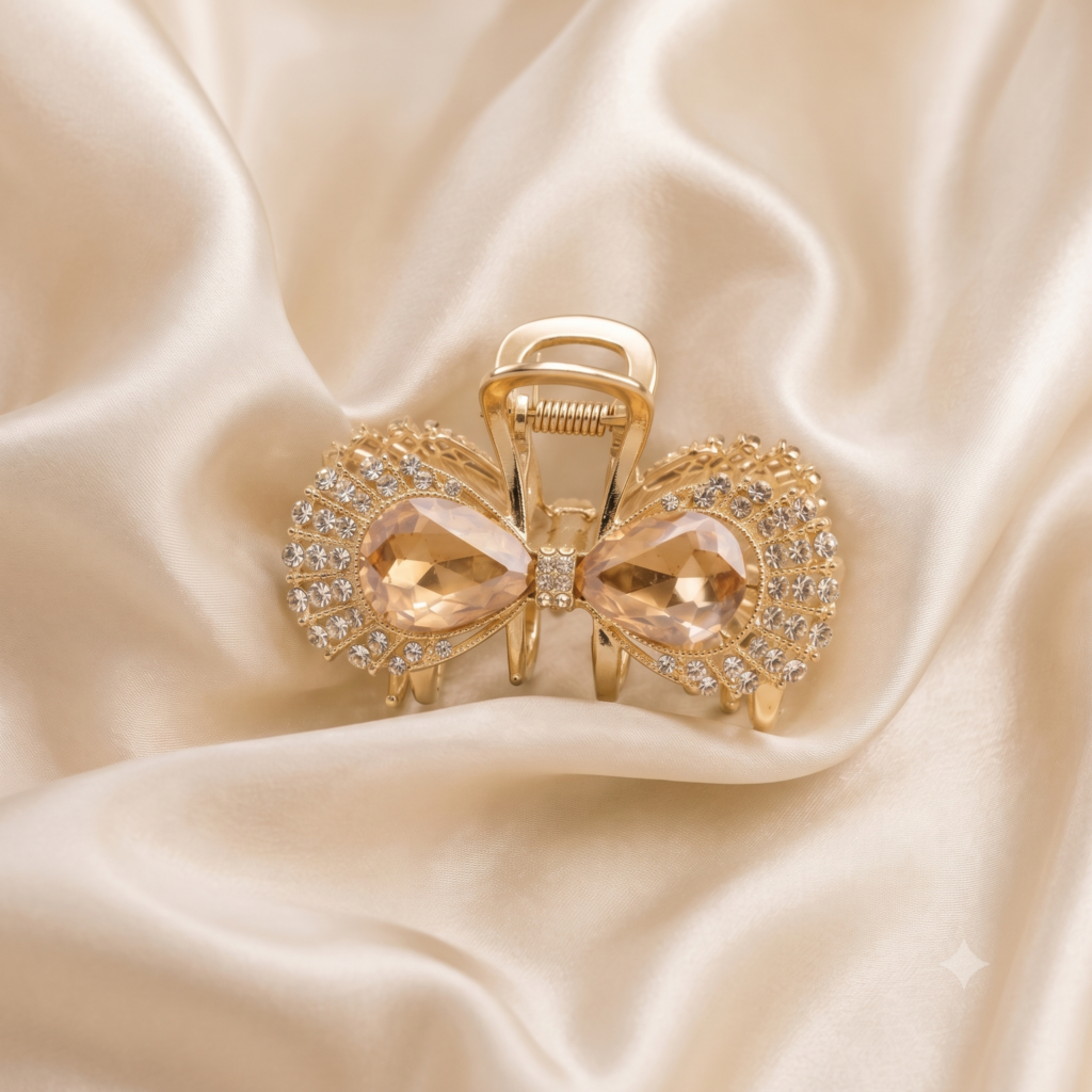 Gold Champagne Smoky Teardrop Gem Bowknot Pavé Rhinestone Metal Hair Claw Clip