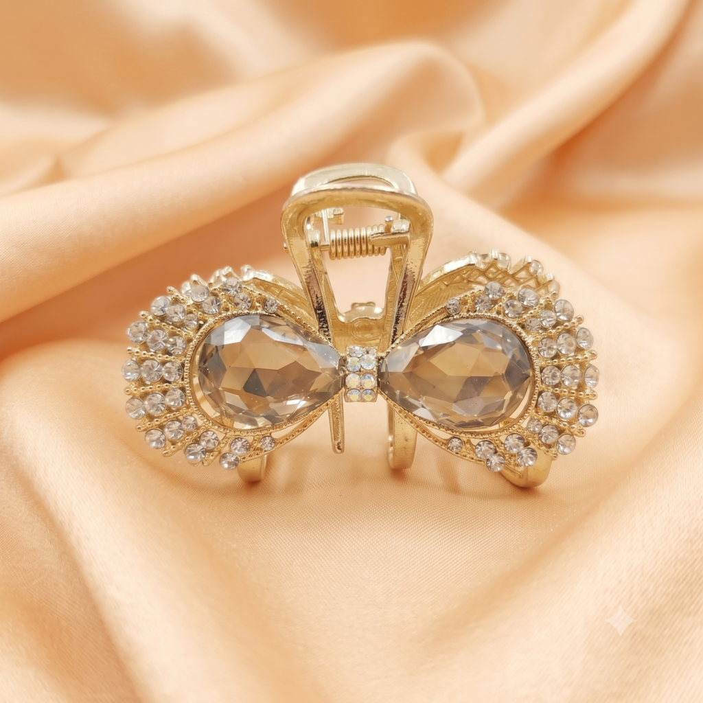 Gold Grey Smoky Teardrop Gem Bowknot Pavé Rhinestone Metal Hair Claw Clip