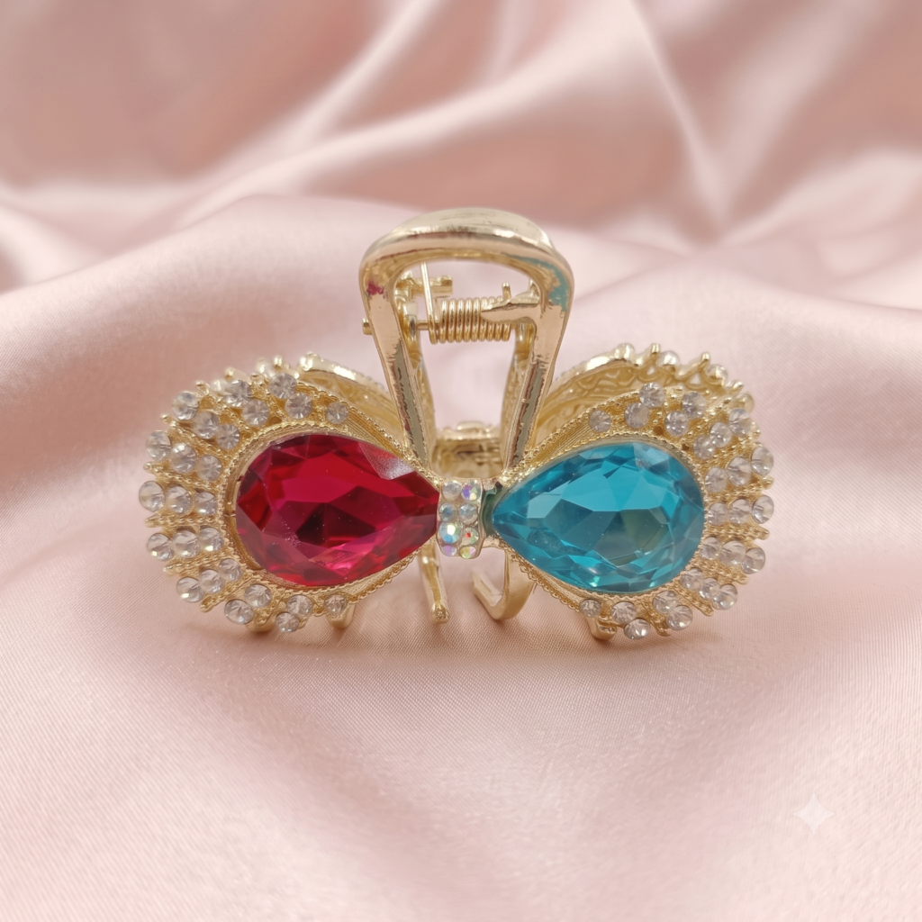 Gold Multicolor Ruby & Aqua Teardrop Gem Bowknot Pavé Rhinestone Metal Hair Claw Clip