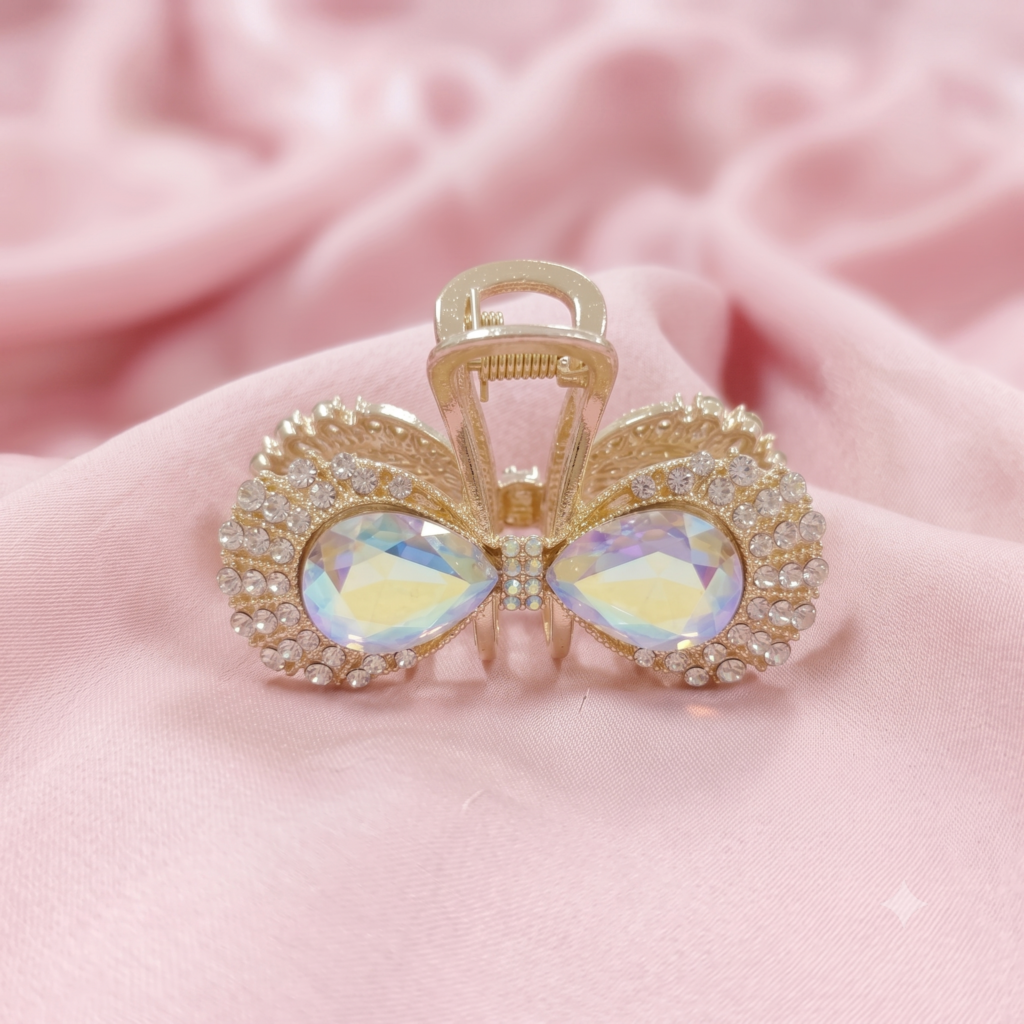 Gold White Iridescent Teardrop Gem Bowknot Pavé Rhinestone Metal Hair Claw Clip