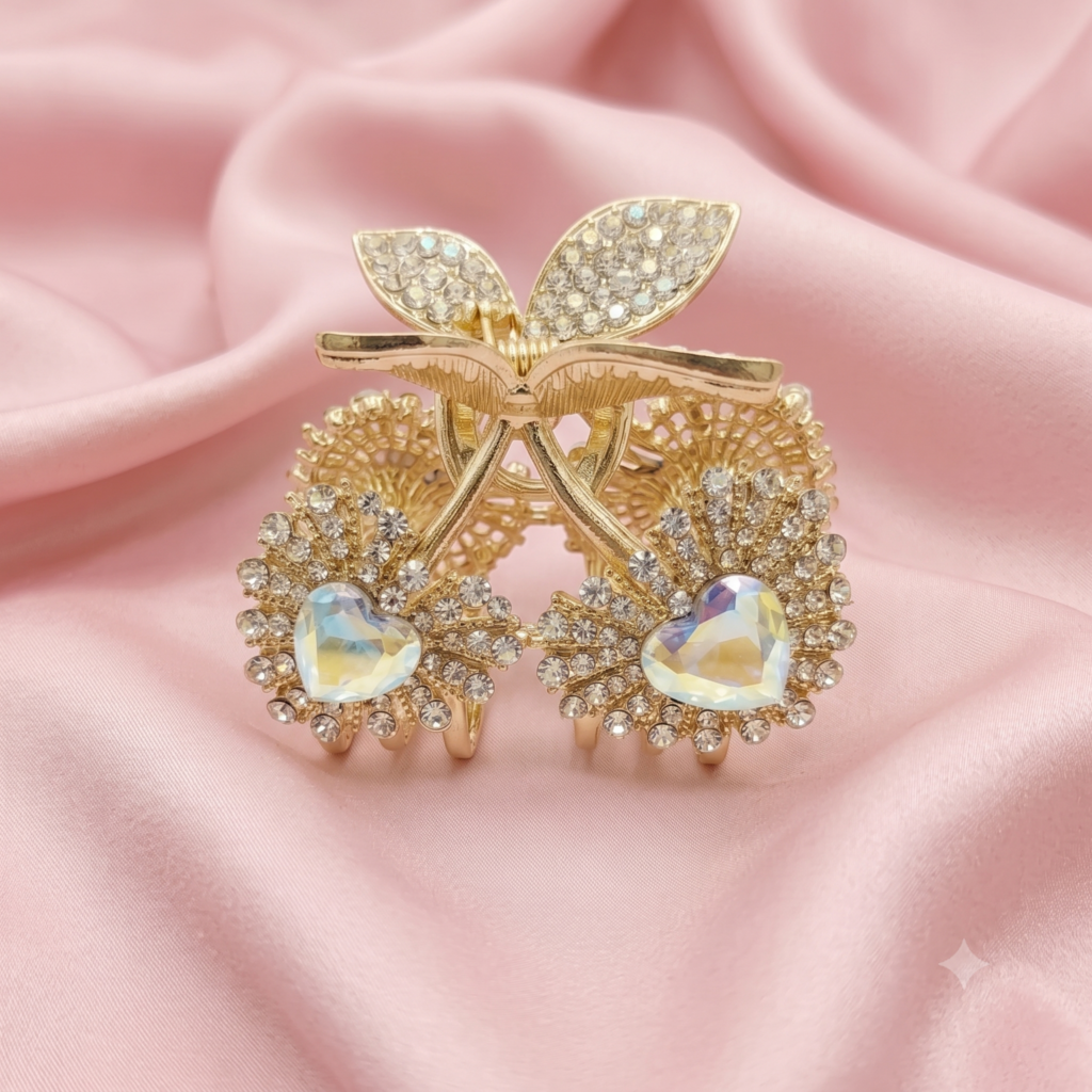 Gold White Iridescent Twin Cherry Heart Gem Pavé Rhinestone Metal Hair Claw Clip