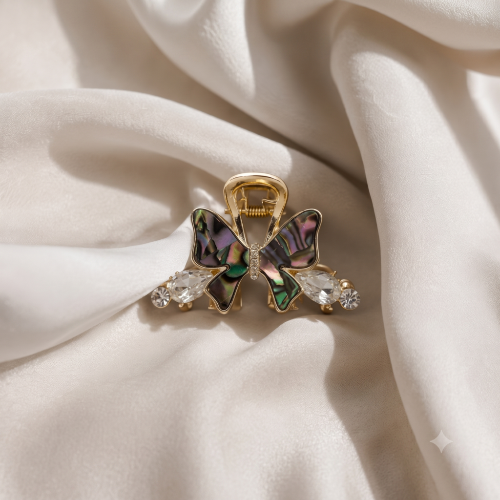 Gold Multicolor Abalone Butterfly Shell Crystal Teardrop & Rhinestone Metal Hair Claw Clip