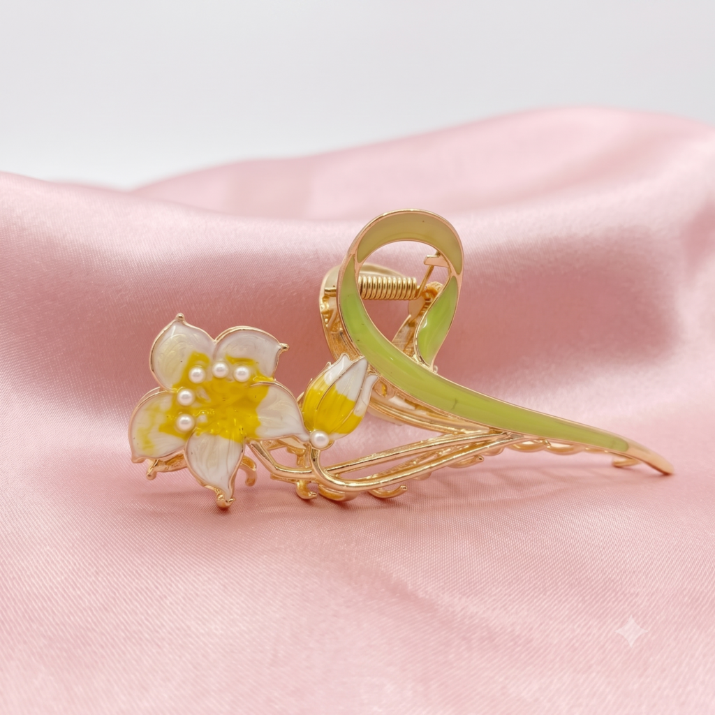 Pastel Yellow Lily with Pearls Hair Claw Clip