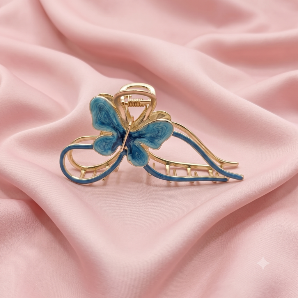 Blue Loop Wave Butterfly Enamel Hair Claw Clip