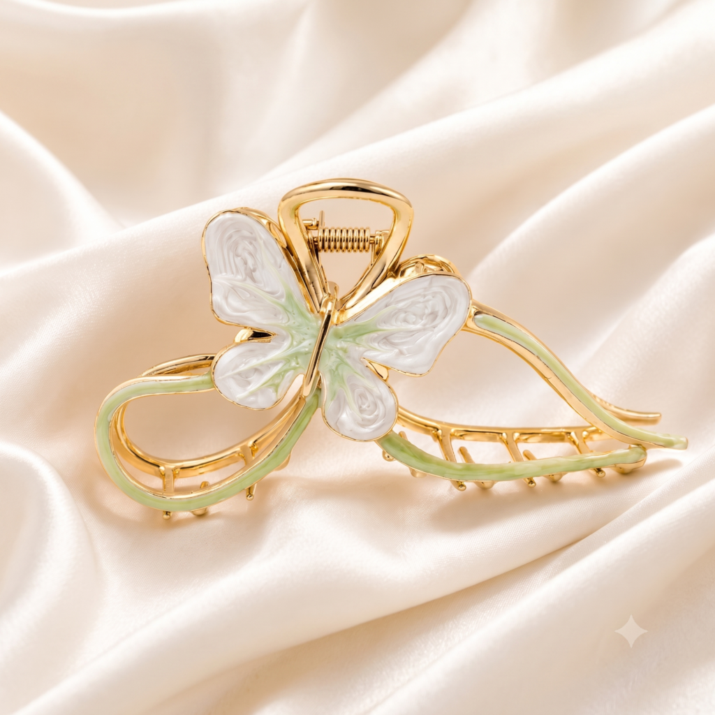 Green Loop Wave Butterfly Enamel Hair Claw Clip