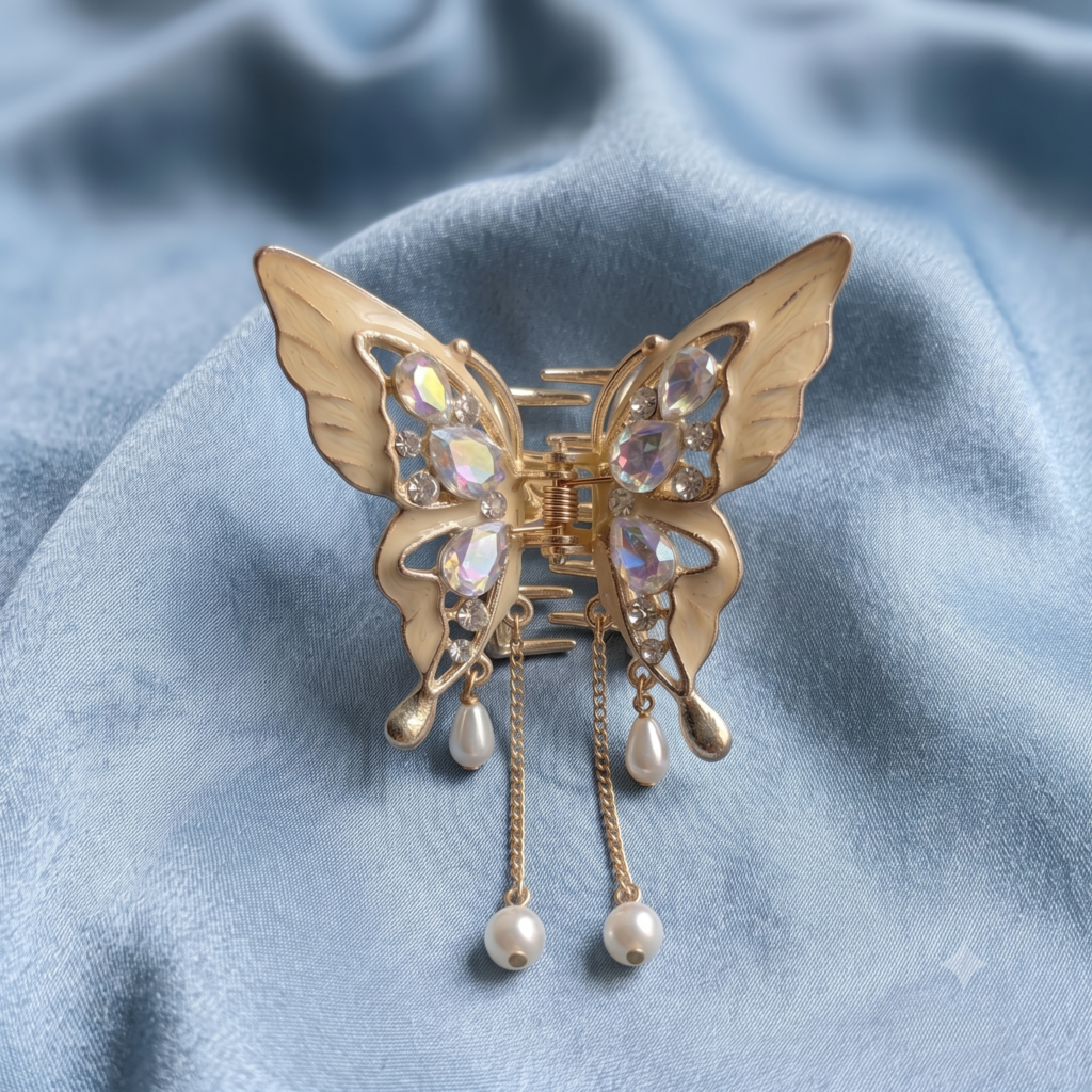 Gold Cream Butterfly Enamel Iridescent Gem Dangle Pearl Chain Metal Hair Claw Clip