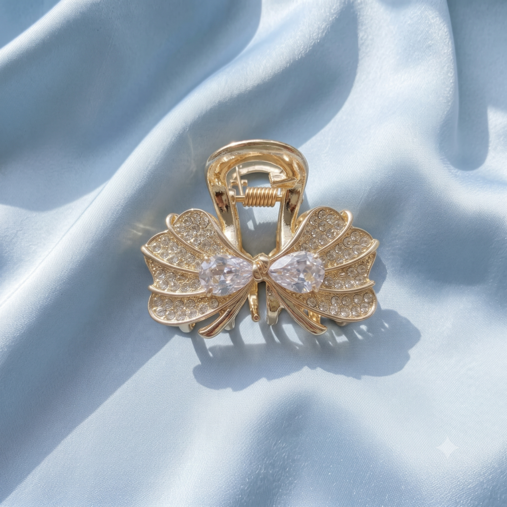 Gold White Angelic Winged Teardrop Crystal & Full Pavé Rhinestone Metal Hair Claw Clip